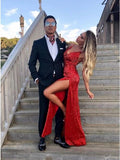Sheath Spaghetti Straps Backless Red Sequined Prom Dress with Split HZ0527