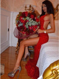 Sheath Spaghetti Straps Backless Red Sequined Prom Dress with Split HZ0527
