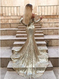 Mermaid Long Split Prom Dress Gold Sequined Evening Dress with Sleeves HZ0527