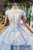Princess Light Sky Blue Prom Dress with Flowers, Ball Gown Quinceanera Dress HZ0527