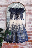 Navy Blue Lace Applique Short Cap Sleeves Homecoming Dresses HZ0527