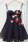 Black Tulle Sweetheart Neck Short Prom Dress, Flowers Homecoming Dress HZ0527
