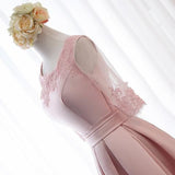 Pink Satin A Line Half Sleeves Lace Appliques Short Homecoming Dresses HZ0527