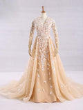 Pretty A-Line V-Neck Long Sleeves Tulle Appliques Floor Length Prom Dresses HZ0527