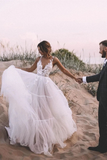 Promfast Unique Appliqued A-line V Neck Tulle Wedding Dresses With Chapel Train HZ0527