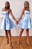 Simple Blue Satin Short Prom Dress, Spaghetti Straps Homecoming Dress HZ0527