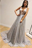 A-Line Sleeveless Silver Long Prom Dresses, V Neck Sleeveless Prom Gown HZ0527