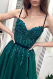 Green A Line Tulle Spaghetti Straps Beaded Long Prom Dress HZ0527