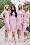 Fashion Sheath Jewel Long Sleeves Pink Lace Knee Length Bridesmaid Dress HZ0527