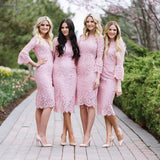 Fashion Sheath Jewel Long Sleeves Pink Lace Knee Length Bridesmaid Dress HZ0527