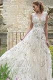 Rustic Deep V Neck Colorful Lace Tulle A Line Floor Length Wedding Gowns HZ0527
