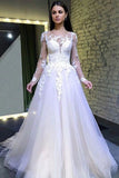 A Line Long Sleeves Round Neck Tulle Lace Appliques Wedding Dresses HZ0527