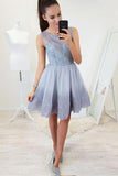 A-Line Round Neck Open Back Short Blue Homecoming Dress with Lace Appliques HZ0527