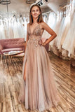 A Line Tulle V Neck Applqiues Prom Dresses With Slit HZ0527