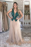 A Line Tulle V Neck Long Prom Dresses With Green Appliques HZ0527