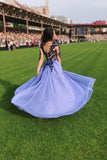 A Line Long SLeeves Blue Lace Appliques Prom Dresses HZ0527