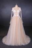 Charming A Line Long Sleeves Lace Appliques Tulle Wedding Dress HZ0527