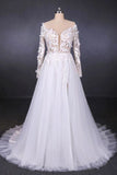 A Line Tulle Lace Appliques Long Sleeves Wedding Dress, Cheap Bridal Dresses HZ0527