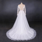 A Line Tulle Lace Appliques Long Sleeves Wedding Dress, Cheap Bridal Dresses HZ0527