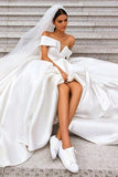 Off the Shoulder White Ball Gown Simple Wedding Dress, Satin Bridal Gown HZ0527