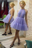 Halter Lavender A-Line Tulle Short Unique Homecoming Dresses HZ0527