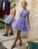 Halter Lavender A-Line Tulle Short Unique Homecoming Dresses HZ0527