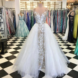 A-Line Spaghetti Straps Floor Length White Detachable Train Prom Dress with Appliques HZ0527