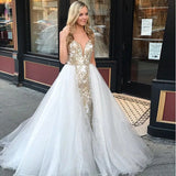 A-Line Spaghetti Straps Floor Length White Detachable Train Prom Dress with Appliques HZ0527