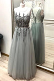 Gray A Line Tulle Appliques Prom Dresses, Long Cheap Prom Gown HZ0527