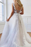 A Line Deep V-Neck Backless White Tulle Prom Dress With Appliques HZ0527