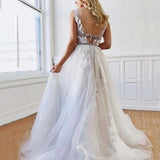 A Line Deep V-Neck Backless White Tulle Prom Dress With Appliques HZ0527