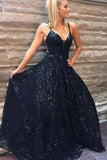 A Line Spaghetti Straps Floor Length Navy Sequined Prom Dress HZ0527