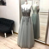 Gray A Line Tulle Appliques Prom Dresses, Long Cheap Prom Gown HZ0527