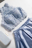 Two Piece A Line Jewel Light Sky Blue Floor Length Prom Dress With Lace Top HZ0527