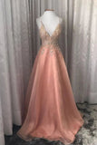 Pink V Neck Tulle Beads Long Prom Dress Spaghetti Straps Evening Dress HZ0527