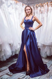 Simple Satin Blue Long Prom Dress A Line Straps Evening Dress HZ0527
