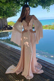 Simple Cold Shoulder Chiffon Long Prom Dress Pink Slit Evening Dress HZ0527