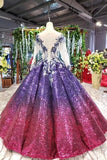 Ball Gown Long Sleeves Sequins Ombre Prom Dress, Pretty Quinceanera Dress HZ0527