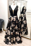 A Line V Neck Floral Prom Dresses, Long Black Prom Gown HZ0527