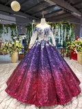 Ball Gown Long Sleeves Sequins Ombre Prom Dress, Pretty Quinceanera Dress HZ0527