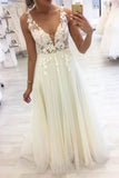 Unique V Neck Lace Applique Long Prom Dress A Line Tulle Formal Dresses HZ0527