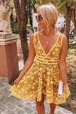 Promfast A-line Lace Short Prom Dress Unique Yellow Homecoming Dresses HZ0527
