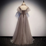 A Line High Neck Tulle Short Sleeves Prom Dress Long Evening Party Dresses HZ0527