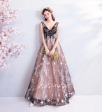 A Line V Neck Appliques Long Prom Dress With Stars Evening Dresses HZ0527
