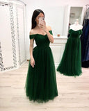 Simple A Line Off the Shoulder Prom Dresses, Long Tulle Green Prom Dress HZ0527