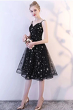 Promfast Black Spaghetti Straps V Neck Tulle Graduation Dress with Stars, Glitter Homecoming Dress HZ0527