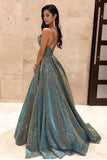 Charming V Neck Sparkly Long Prom Dresses with Pockets, Cross Back Evening Dresses HZ0527