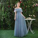 A Line Chiffon Blue Off the Shoulder Prom Dress, Long Ruffles Bridesmaid Dresses HZ0527