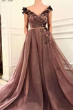 A Line V Neck Cap SleevesBrown Long Flowers Prom Dresses With Pockets HZ0527
