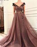 A Line V Neck Cap SleevesBrown Long Flowers Prom Dresses With Pockets HZ0527